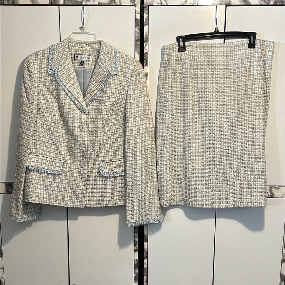 Travis Ayers 2pc Cream and Blue Tweed Skirt Set - Picture 2 of 3